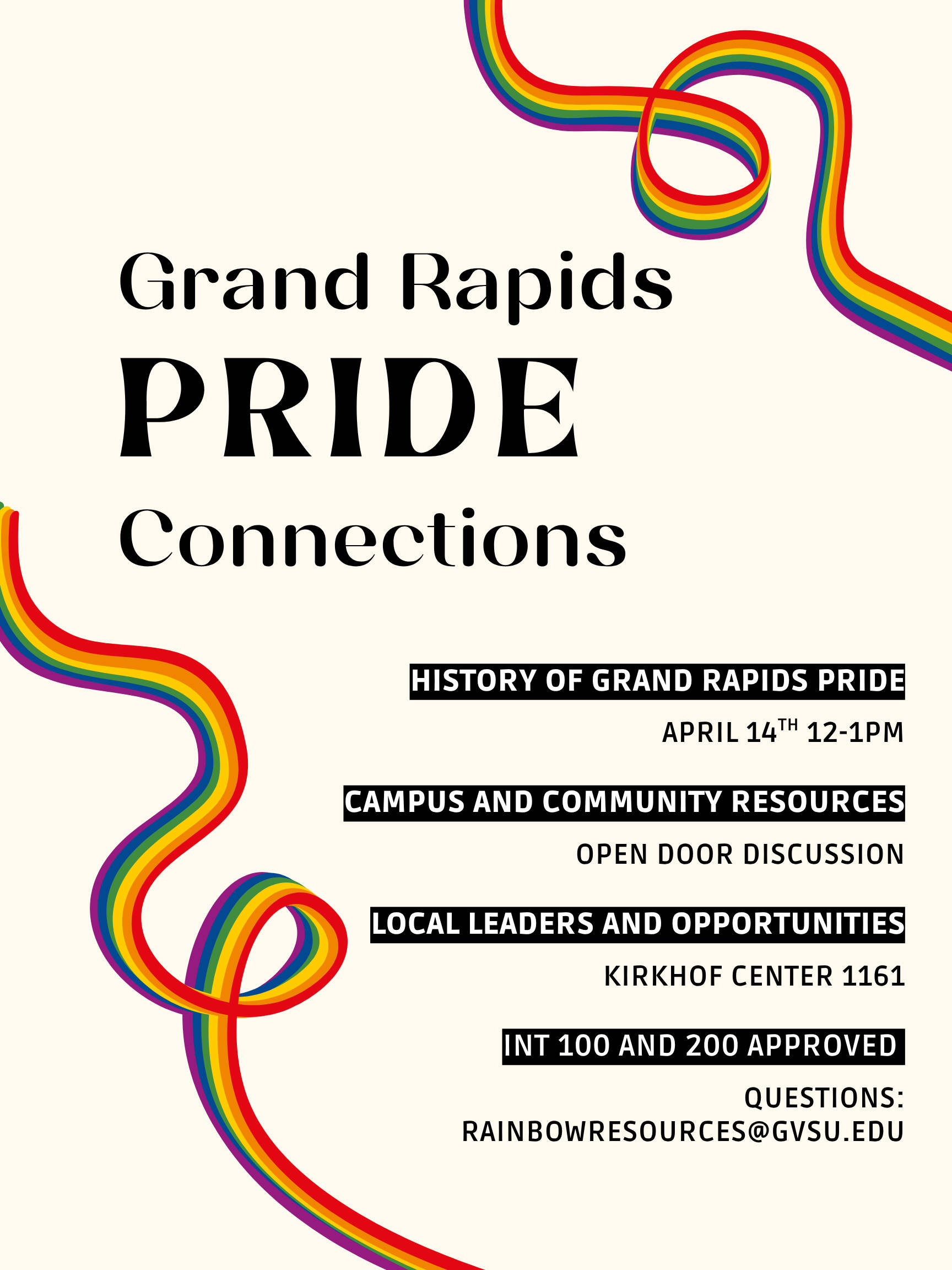 GR Pride Connections! Two rainbow ribbons frame the poster